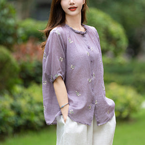 Áo sơ mi linen ngắn tay cổ tròn ren thêu những chùm hoa - A017