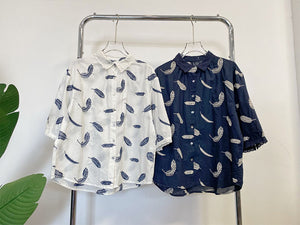 Áo sơ mi linen tay lửng cổ đức thêu retro in lông vũ - NU8568
