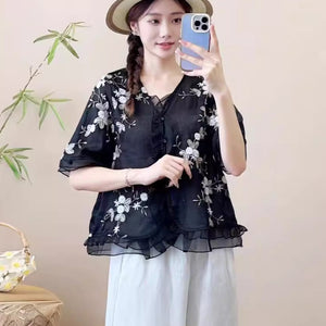 Áo sơ mi linen ngắn tay cổ V thêu hoa lá bo ren - A968