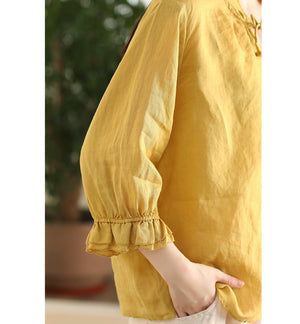 Áo sơ mi linen tay lửng cổ V cột dây - A715