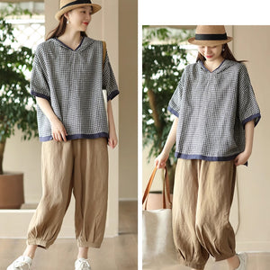 Áo hoodies linen ngắn tay kẻ caro - NU8908