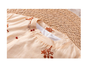Áo sơ mi linen ngắn tay cổ đứng thêu hoa lá xoắc ốc - NU9991