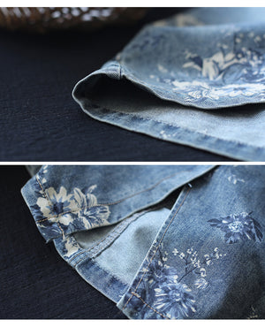Chân váy denim retro lưng thun in hoa hồng - NU10042