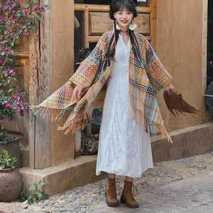 Áo khoác len cardigan kiểu khăn choàng hoa văn retro - NU9453