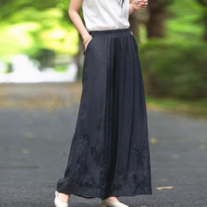 Quần baggy linen lưng thun ống rộng thêu hoa lá retro - Q156