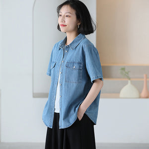 Áo sơ mi denim ngắn tay cổ đức hai túi - NU10069