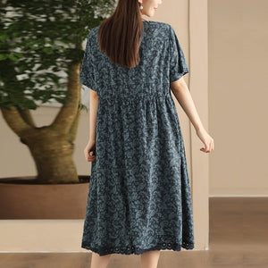 Đầm liền linen ngắn tay cổ tròn một túi ren eo cột dây - D007