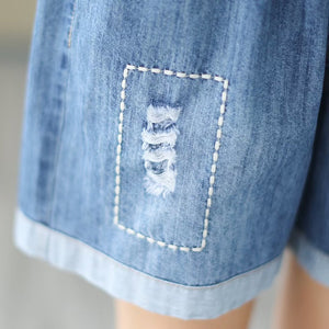 Quần sooc denim lưng thun thêu cô gái hai túi sau - NU10288