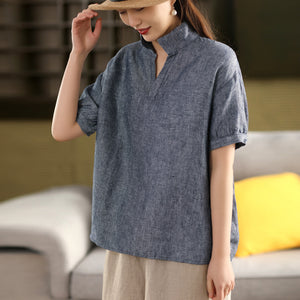 Áo sơ mi linen ngắn tay cổ đức một màu - A801