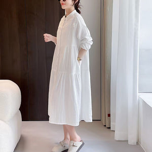 Đầm liền linen dài tay cổ đứng thêu hoa kiểu sơ mi - D032