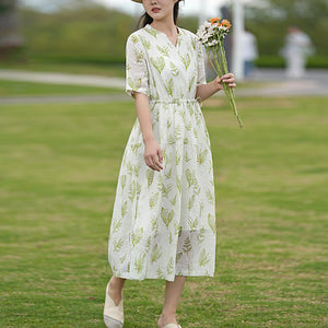 Đầm liền linen ngắn tay cổ V in những chiếc lá - NU8789