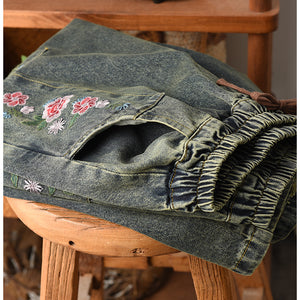 Chân váy denim lưng thun dây rút thêu hoa hồng - V072