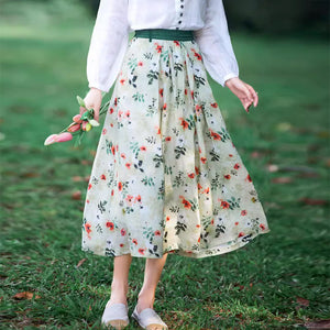 Chân váy linen retro lưng cao in hoa lá hai túi chéo - NU9047