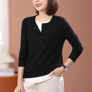 Áo T-shirt dài tay cổ tròn khuy cài một màu - NU9436