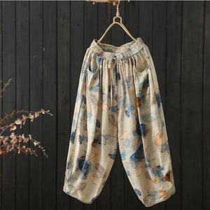 Quần baggy linen lưng thun ống túm in hoa văn retro - NU8850