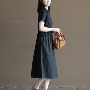 Đầm liền linen ngắn tay cổ đức chấm bi - NU10025