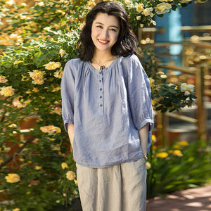 Áo sơ mi linen ngắn tay cổ tròn xếp ly - NU9978