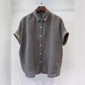 Áo sơ mi linen ngắn tay phối màu cổ đức kẻ caro - NU10151