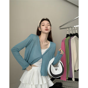 Áo khoác cardigan len dệt kim dài tay cổ V bốn khuy - NU9114