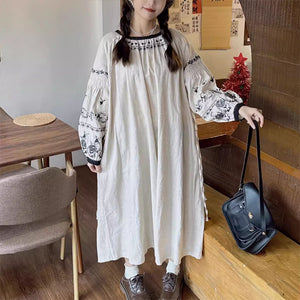 Đầm liền linen Morigirl dài tay cổ tròn thêu retro  - NU10334
