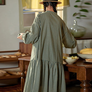 Đầm liền linen Morigirl dài tay cổ đứng kẻ caro - D041