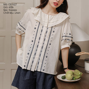 Áo sơ mi linen ngắn tay cổ lá sen thêu hoa văn retro - OD1627