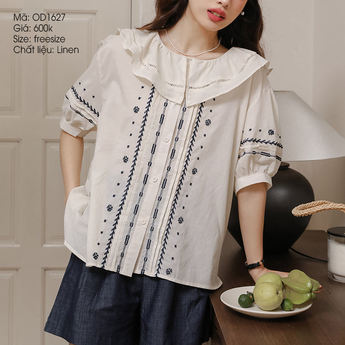 Áo sơ mi linen ngắn tay cổ lá sen thêu hoa văn retro - OD1627