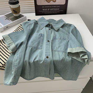 Áo sơ mi denim ngắn tay cổ thủy thủ hai túi vuông - NU8823