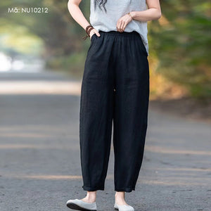 Quần baggy linen lưng thun hai túi chéo tua rua - NU10211