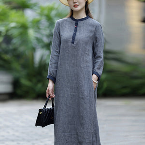 Đầm liền linen dài tay cổ tròn khuy cài kẻ caro - NU9506