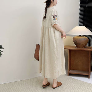 Đầm liền linen ngắn tay cổ tròn thêu hoa đối xứng kiểu chiết eo - NU10503