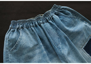 Quần baggy lửng denim lưng thun vá hình ảnh retro - NU8829