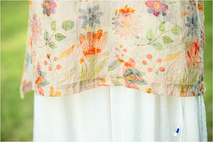 Đầm liền linen ngắn tay cổ tròn kiểu sườn xám in hoa lá - NU9988
