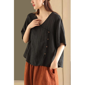 Áo sơ mi linen ngắn tay cổ V vạt lệch - NU9060