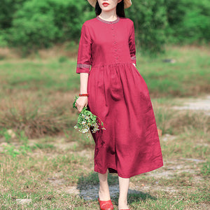 Đầm liền linen dài tay cổ tròn viền in hoa retro - NU9547