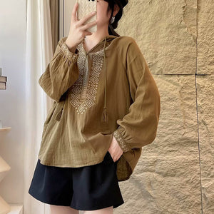 Áo hoodies sơ mi linen dài tay thêu hoa văn retro đối xứng - NU9740