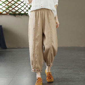 Quần baggy linen lưng thun ống côn thêu hoa lá - NU10248