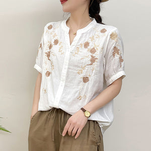 Áo sơ mi linen ngắn tay cổ đứng xẻ V thêu những bông hồng - NU10329