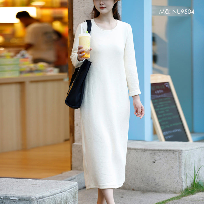 Đầm liền dệt kim dài tay cổ tròn đơn sắc - NU9504