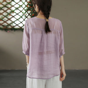Áo sơ mi linen ngắn tay cổ V thêu hoa lá trước ngực - A006