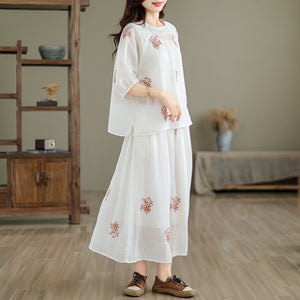 Bộ đồ linen gồm áo sơ mi ngắn tay thêu hoa lá và chân váy chữ A - NU10183