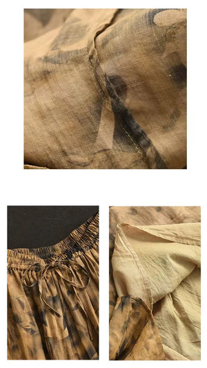 Chân váy linen retro lưng thun in hoa lá - NU10064