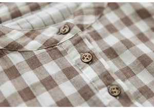 Áo T-shirt linen ngắn tay cổ đứng kẻ caro - NU8992
