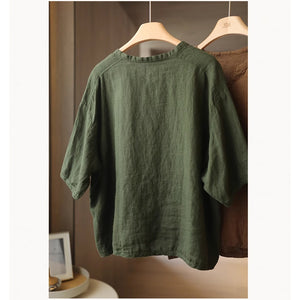 Áo T-shirt linen ngắn tay cổ V khuy cài một túi nhỏ - NU8982