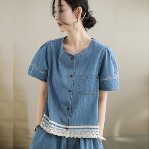 Bộ đồ denim gồm áo sơ mi ngắn tay và quần sooc phối ren - B019