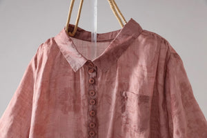 Áo sơ mi linen ngắn tay cổ pipi in hoa lá một túi nhỏ - NU8871