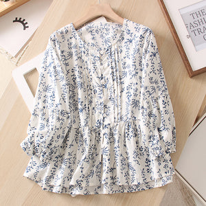 Áo sơ mi tay lửng cổ tròn xếp ly in hoa liti - NU8830