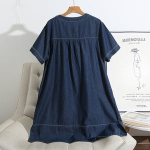 Đầm liền denim ngắn tay xòe cổ tròn khuy cài - NU10374