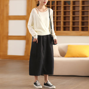 Chân váy linen lưng thun hai túi xẻ vạt sau - V077