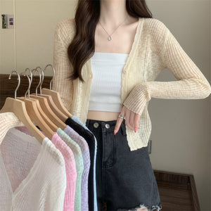 Áo khoác cardigan len dệt kim dài tay cổ V vạt lượn sóng - NU9120